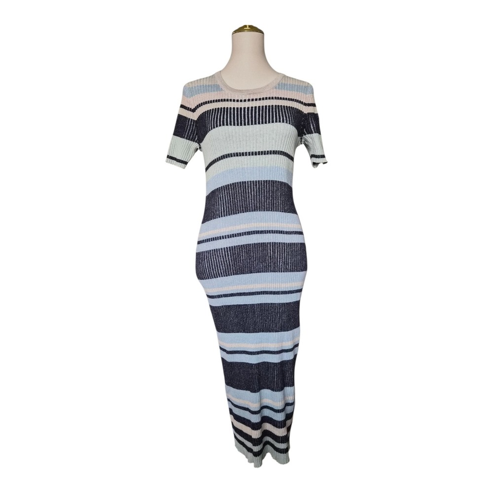 Stitches & Stripes‎ Ribbed Knit Maxi Dress Size L Blue Stripe Short Sleeve NWOT